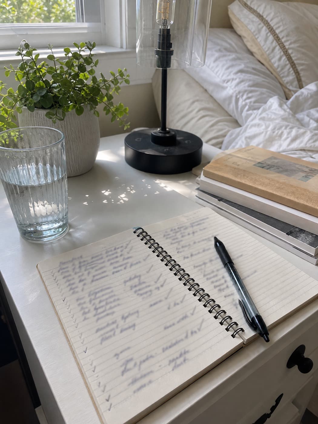 A realistic bedside GLP-1 first-week checklist with water, crackers, and notes